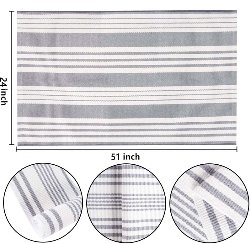 BUAGETUP Grey and White Striped Rug 24'' x 51''Outdoor Front Porch Rug Hand-Woven Machine Washable Layered Door Mats for Entryway/Bedroom/Outdoor - Image 2