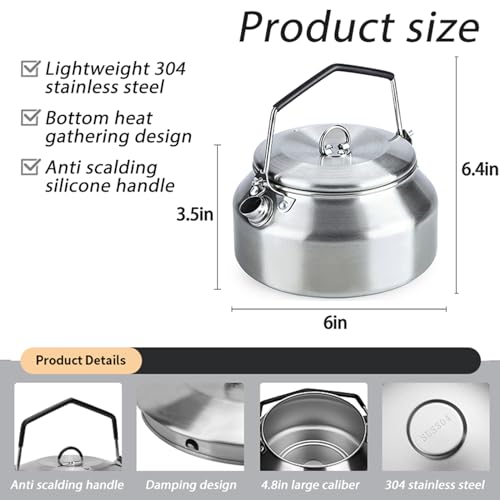 VEADOOLLY Camping Kettle Outdoor Campfire Camp Kettle, 1L Stainless Steel camping tea kettle Coffee Pot, Portable Lightweight Teapot Fast Heating Boiling Water, Ideal for Hiking Picnic Travel, Silver - Image 2