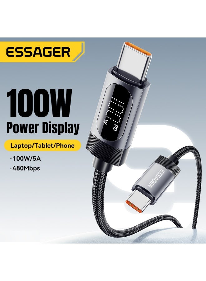 ESSAGER 100W Digital Display Charging Cable, Type C to Type C Digital Display Data Cable with Smart Power Meter for Laptop Tablet Phone, Fast Charging Cable, Nylon Braided(1M, Grey) - Image 2