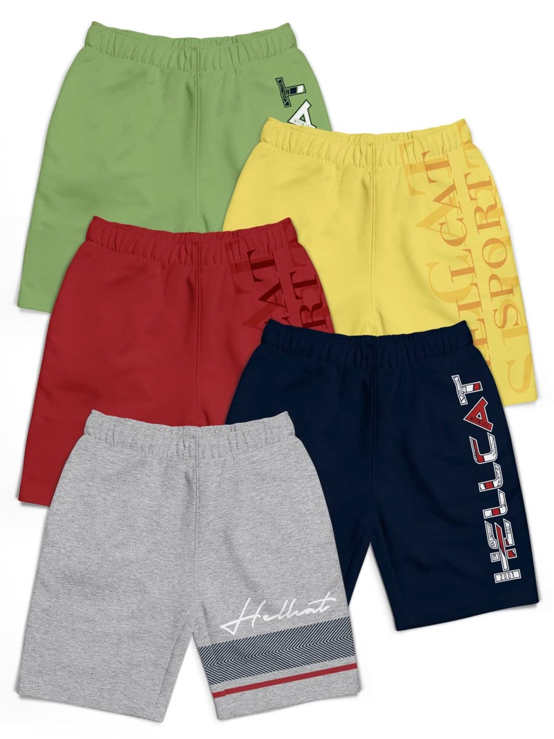 HELLCAT Pack of 5 Trendy Typographic Printed Mid Rise Shorts for Boys - Grey Melange/Navy Blue/Maroon/Yellow/Jade Green / 13-14 Years - Image 1