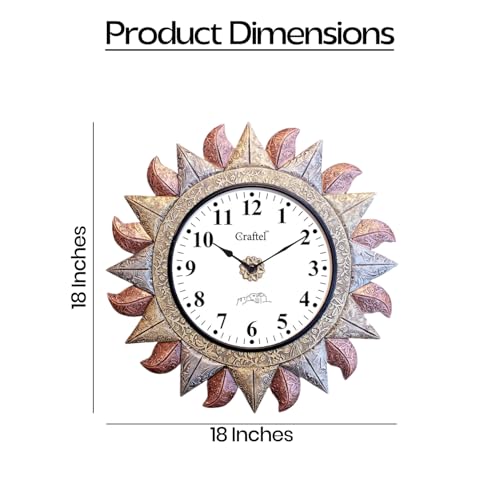 Craftel Home Decor Wall Clock | Analog Round Sun Shape Design Wall Clocks with Glass | Antique Brass and Copper Metal Finish Diwar Ghadi | Decorative Hanging Clock for Living Room and Office, 45x45 cm - Image 2