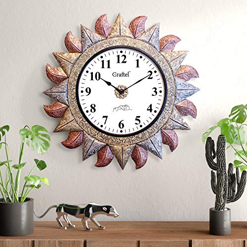Craftel Home Decor Wall Clock | Analog Round Sun Shape Design Wall Clocks with Glass | Antique Brass and Copper Metal Finish Diwar Ghadi | Decorative Hanging Clock for Living Room and Office, 45x45 cm - Image 1