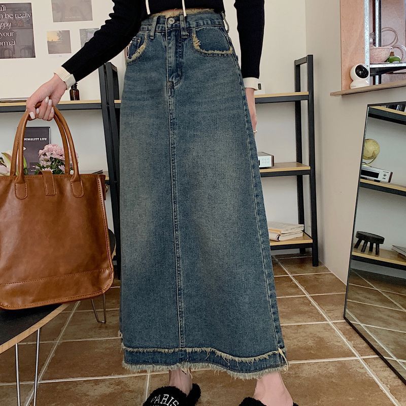 Summer Denim Skirt Womens High Waist Tassels Blue 