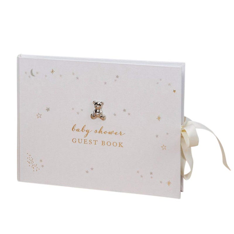 Happy Homewares Happy Homewares White Baby Shower Guest Book with Cream Ribbon and Silver and Gold Stars 