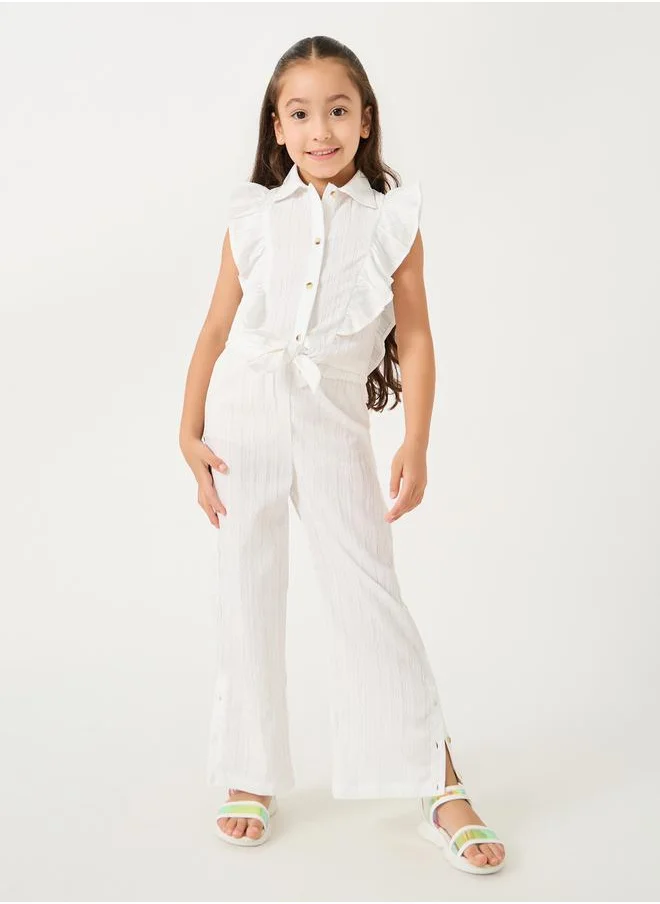 ستايلي Kids coord set with tie up collared shirt with cap sleeves and frill detail with wide leg pants with e