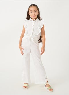 Kids coord set with tie up collared shirt with cap sleeves and frill detail with wide leg pants with e
