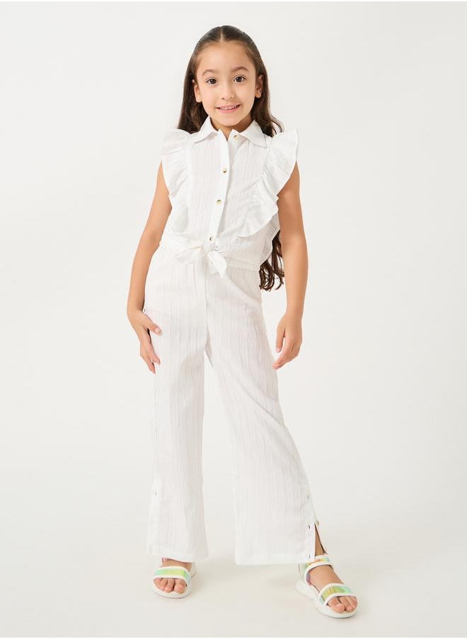 Styli - Kids coord set with tie up collared shirt with cap sleeves and frill detail with wide leg pants with e - Image 1
