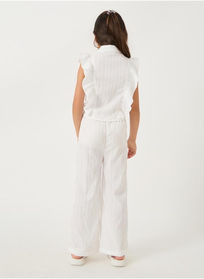 Styli - Kids coord set with tie up collared shirt with cap sleeves and frill detail with wide leg pants with e - Image 1