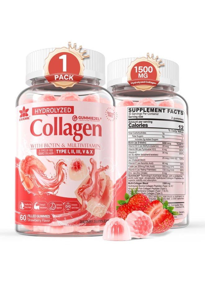 EnvyDeal - Collagen Peptide Gummies for Women & Men Sugar-Free, Multi Collagen Hydrolyzed w/ 1500mg Protein Type I,II,III,V,X, 5000mcg Biotin, Methylated B12, Vitamin C A E D3 B6 for Skin Hair Nails, Bone, 60Cts - Image 1