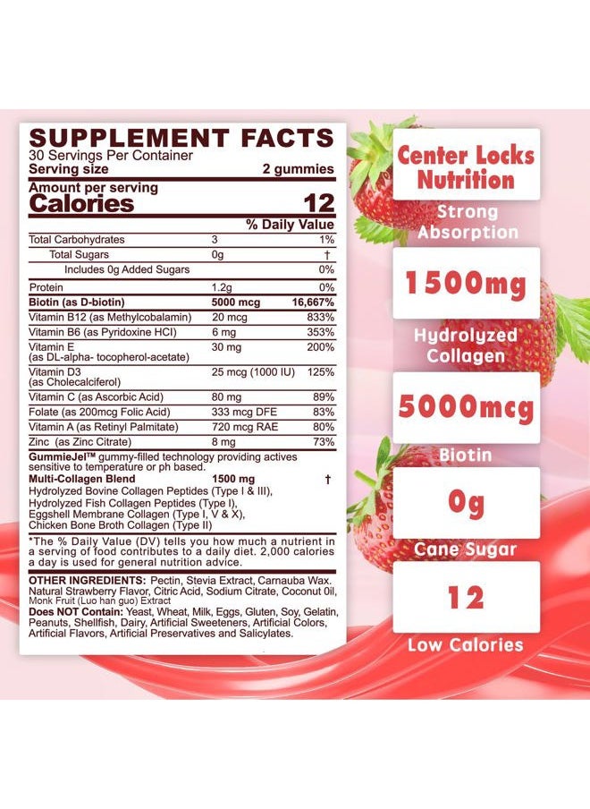 EnvyDeal - Collagen Peptide Gummies for Women & Men Sugar-Free, Multi Collagen Hydrolyzed w/ 1500mg Protein Type I,II,III,V,X, 5000mcg Biotin, Methylated B12, Vitamin C A E D3 B6 for Skin Hair Nails, Bone, 60Cts - Image 1