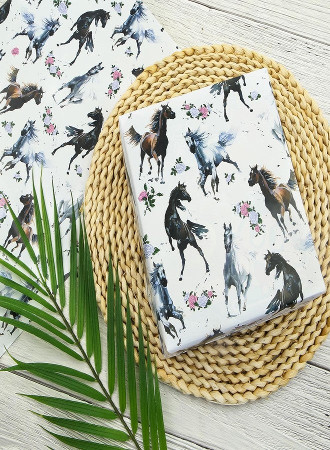 Boerni Horse Wrapping Paper for Girls Boys, Galloping Horses and Floral Print on the White Art Paper for Horse Racing Theme Party Birthday Wedding Gift Packing, Folded Flat Cowboy & Cowgirl Gift Wrap Papers - Image 4