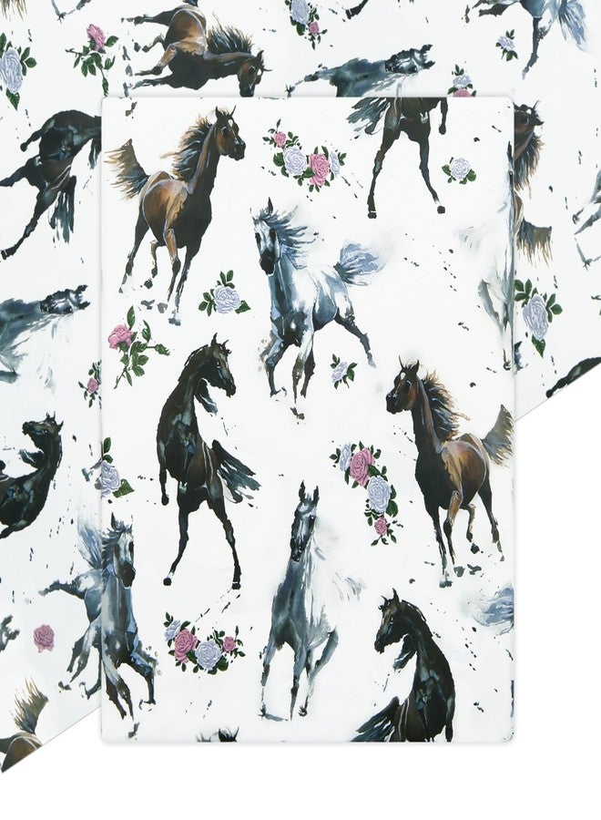 Boerni Horse Wrapping Paper for Girls Boys, Galloping Horses and Floral Print on the White Art Paper for Horse Racing Theme Party Birthday Wedding Gift Packing, Folded Flat Cowboy & Cowgirl Gift Wrap Papers - Image 1