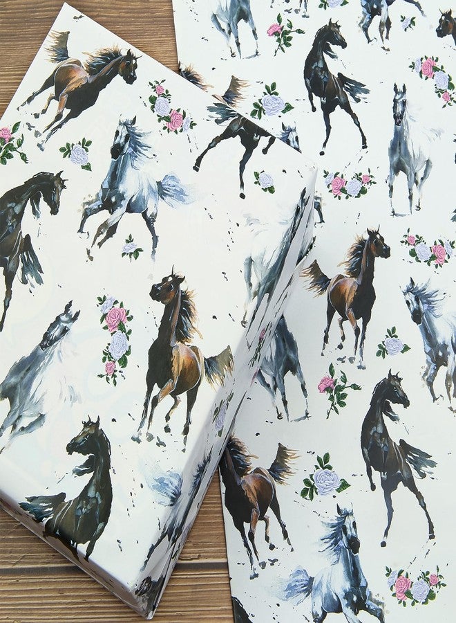 Boerni Horse Wrapping Paper for Girls Boys, Galloping Horses and Floral Print on the White Art Paper for Horse Racing Theme Party Birthday Wedding Gift Packing, Folded Flat Cowboy & Cowgirl Gift Wrap Papers - Image 5