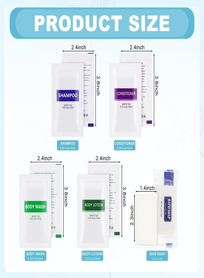 HQSLsund مجموعة مستلزمات الحمام للسفر بحجم كبير 5 في 1 (100 قطعة) مجموعة من 5 قطع: 20 قطعة حجم سفر جل استحمام، 20 قطعة شامبو فندقي، 20 قطعة بلسم مصغر، 20 قطعة لوشن للجسم، 20 قطعة صابون بار، إمدادات ضيافة مصغرة بالجملة - Image 2