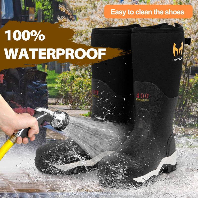 Hunthor Rubber Work Boots for Men with Steel Toe, 400g Insulated, 1100N Puncture-Proof Hunting Boots with 7mm Neoprene Waterproof and EVA Midsole, Back Gusset, Ideal for Work,Farming Fishing Size 11 Black - Image 2