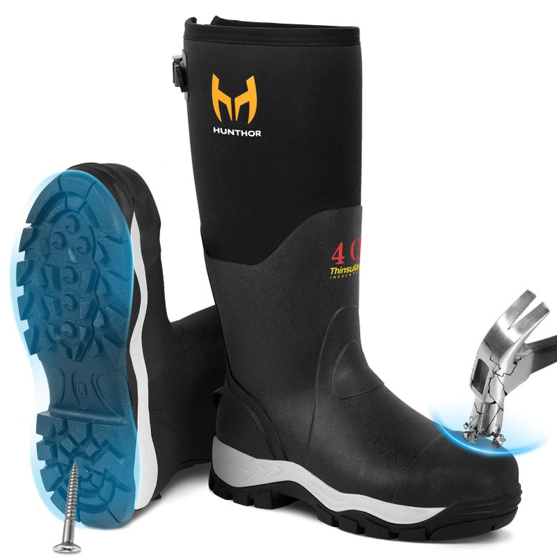Hunthor Rubber Work Boots for Men with Steel Toe, 400g Insulated, 1100N Puncture-Proof Hunting Boots with 7mm Neoprene Waterproof and EVA Midsole, Back Gusset, Ideal for Work,Farming Fishing Size 11 Black - Image 1