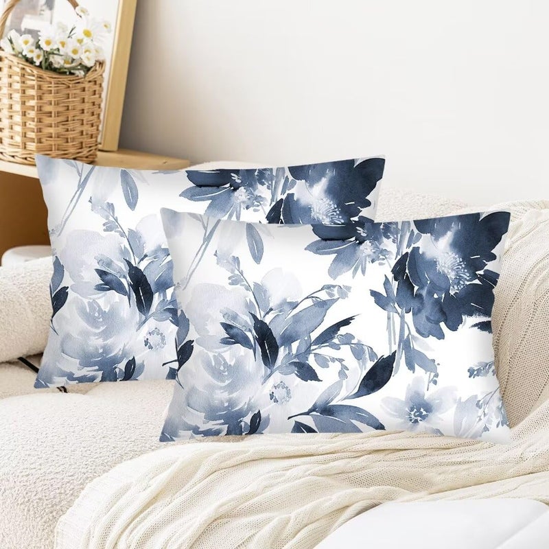 AELMARNEE Florals Throw Pillow Cover Queen Size Set of 2 Navy Watercolor Flowers Pillowcases Boho Floral Lumbar Pillow Case Soft Standard Pillow Cases with Zipper Decorative Cushion Covers,20"x30",Blue White - Image 2