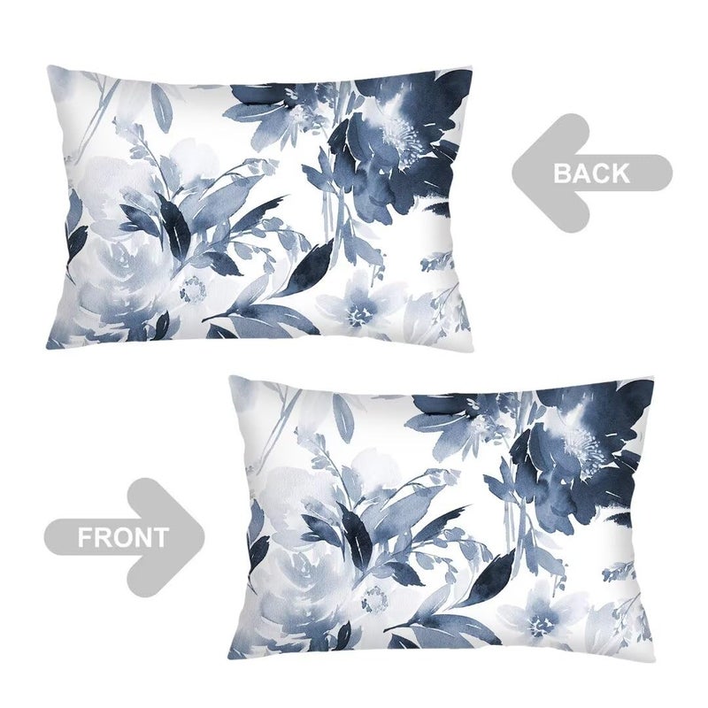 AELMARNEE Florals Throw Pillow Cover Queen Size Set of 2 Navy Watercolor Flowers Pillowcases Boho Floral Lumbar Pillow Case Soft Standard Pillow Cases with Zipper Decorative Cushion Covers,20"x30",Blue White - Image 4