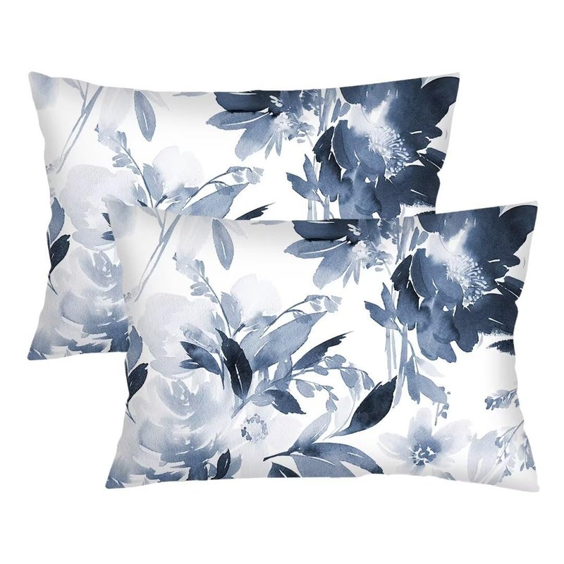 AELMARNEE Florals Throw Pillow Cover Queen Size Set of 2 Navy Watercolor Flowers Pillowcases Boho Floral Lumbar Pillow Case Soft Standard Pillow Cases with Zipper Decorative Cushion Covers,20"x30",Blue White - Image 1