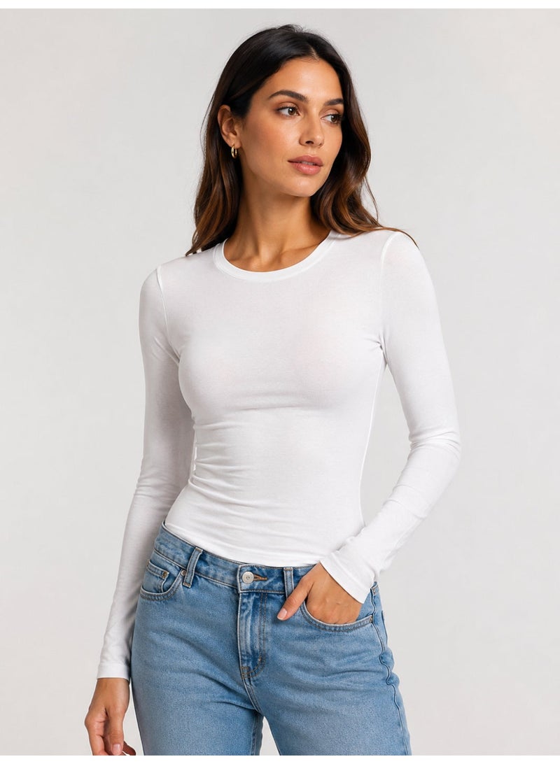 Women's Basic Long Sleeve  White  T-Shirt – Soft Stretch Fabric – Perfect for Layering - Image 1