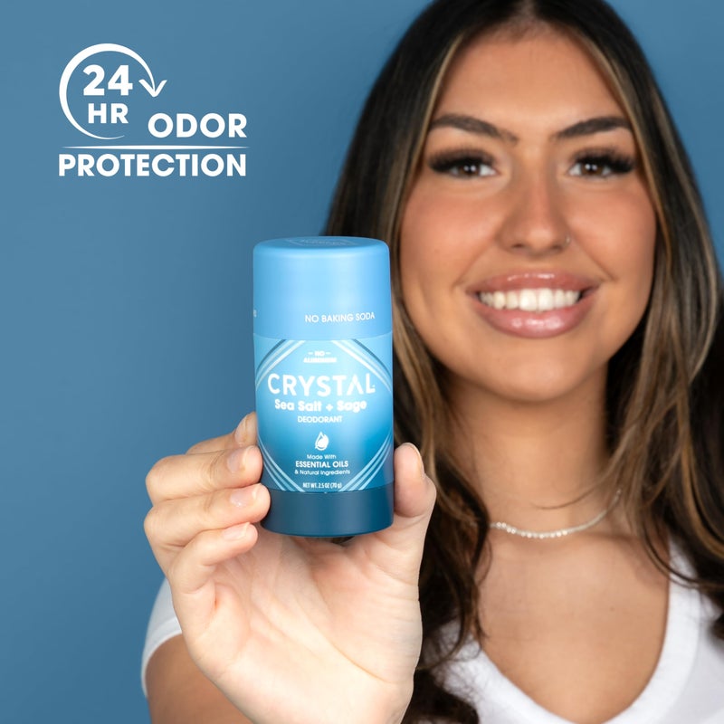 CRYSTAL ESSENCE عطر طبيعي صلب من المغنيسيوم الكريستالي، مزيل عرق خالي من الألمنيوم وغير مهيج للرجال أو النساء، يقاوم الروائح بشكل آمن وفعال، خالي من بيكربونات الصوديوم، ملح البحر + الميرمية، 2.5 أونصة - Image 2
