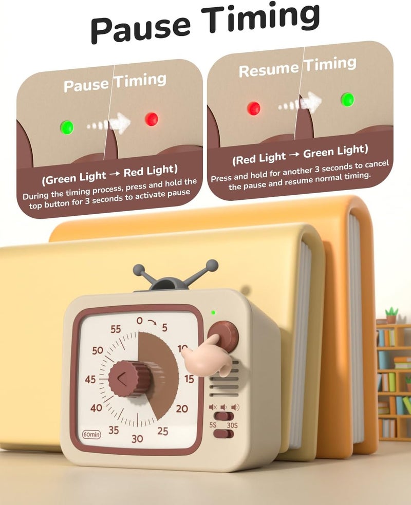 LIORQUE Visual Timer 60 Minute Countdown Timer for Children and Adults Quiet Timer with Silicone Housing Pause Function Rechargeable Battery for Kitchen School Office (Light Brown) - Image 4