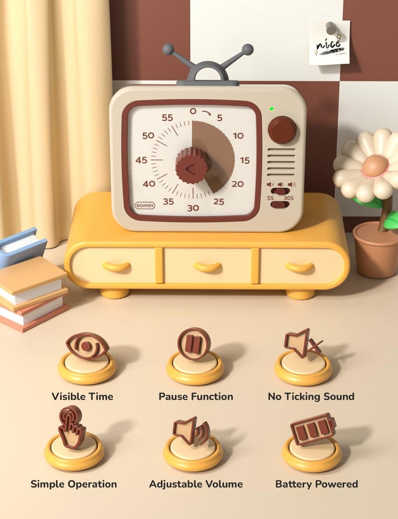 LIORQUE Visual Timer 60 Minute Countdown Timer for Children and Adults Quiet Timer with Silicone Housing Pause Function Rechargeable Battery for Kitchen School Office (Light Brown) - Image 2