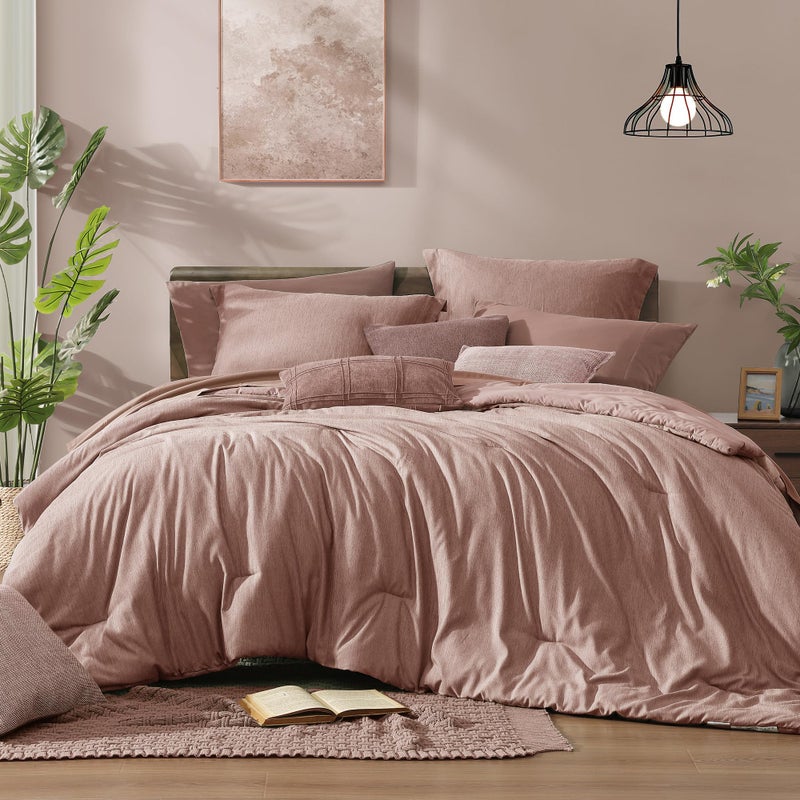 Monbix Full Size Comforter Set-7 Pieces Dusty Pink Cationic Dyeing Bed in a Bag Full Bedding Sets with Comforter, Sheets, Pillowcases & Shams, All Season Reversible Bedding Comforters - Image 1