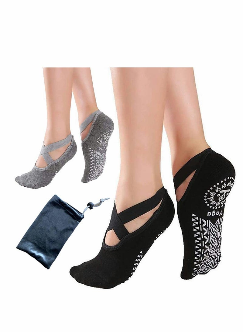 Nariele Yoga Socks for Women Non-Slip Grips  Straps with Carrying Pouch One Size Ideal for Pilates Pure Barre Ballet Dance Barefoot Workout 4 Pairs 2Black  2Grey - Image 1