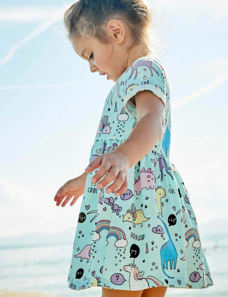 Bumeex Toddler Girl's Dinosaur Summer Dresses Clothes,Short Sleeve Casual Outfits Size 6 Blue - Image 3