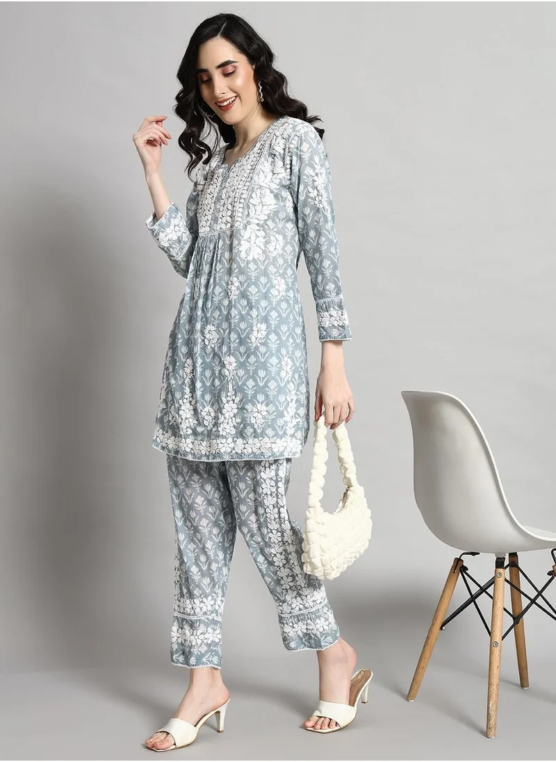 Alaya Hand Embroidered Chikankari Printed Mulmul Cotton Co-Ord Set for Women-AL4055