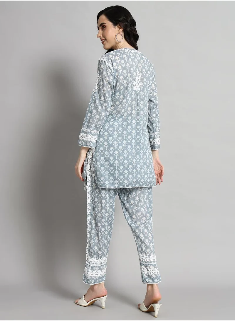 Alaya Hand Embroidered Chikankari Printed Mulmul Cotton Co-Ord Set for Women-AL4055