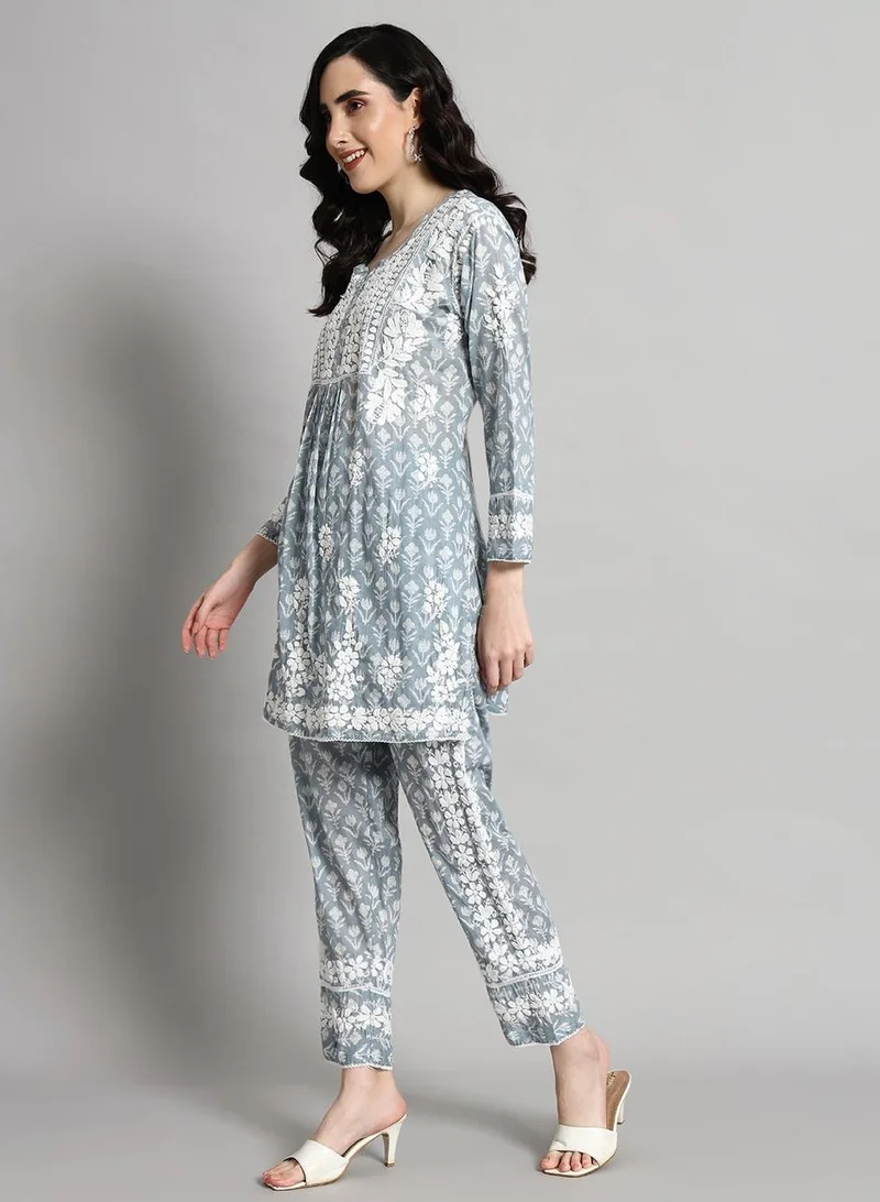Alaya Hand Embroidered Chikankari Printed Mulmul Cotton Co-Ord Set for Women-AL4055