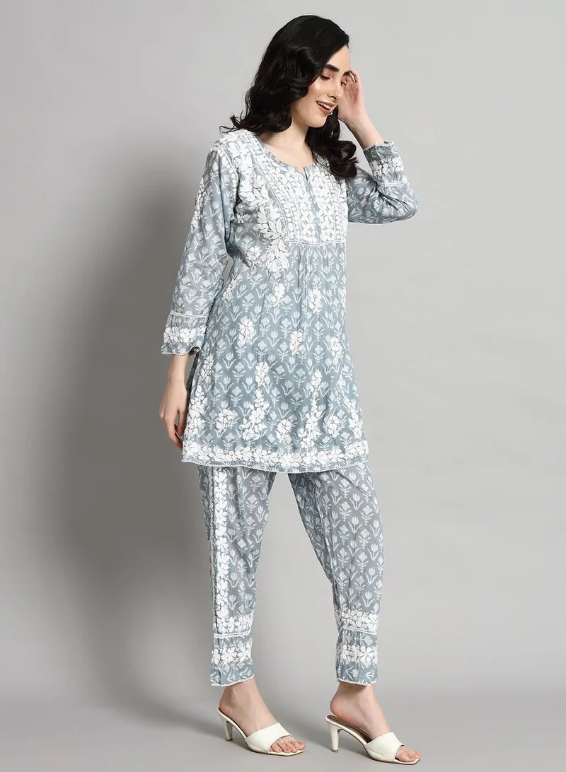 Alaya Hand Embroidered Chikankari Printed Mulmul Cotton Co-Ord Set for Women-AL4055
