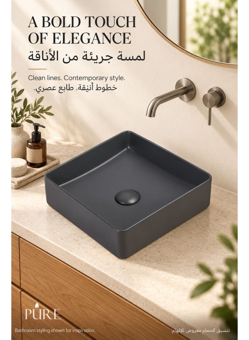 بيور حوض PURE رخامي مربع أسود، مغسلة سطحية، حجر طبيعي، تصميم فاخر للحمام - Image 1