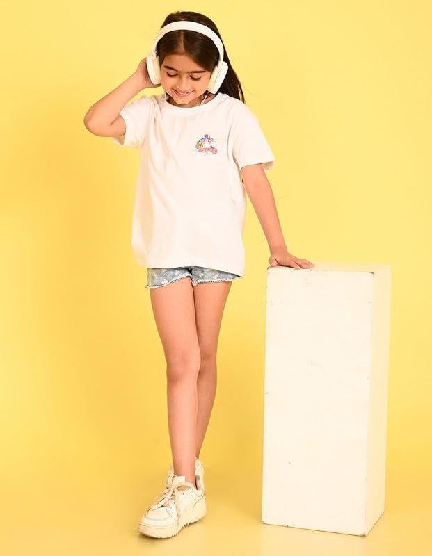 Nusyl Girls Oversized Half Sleeves T-Shirt for Kids | Cute Printed Casual Wear | Soft Cotton Blend | Relaxed Fit | 2-16 Years | White - Image 4