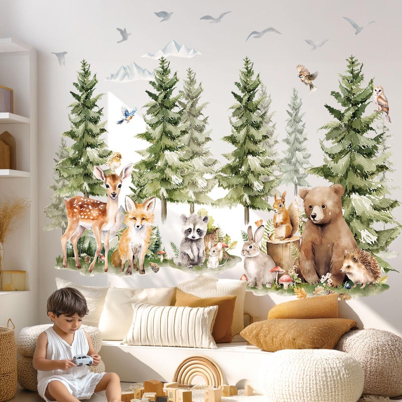 DECOWALL SG4-2422 Large Pine Trees and Forest Animals Wall Decal Stickers Mountain Bear Fox Peel and Stick Wall Art Decals for Kids Room Baby Nursery Woodland Wallpaper Living Bedroom - Image 2