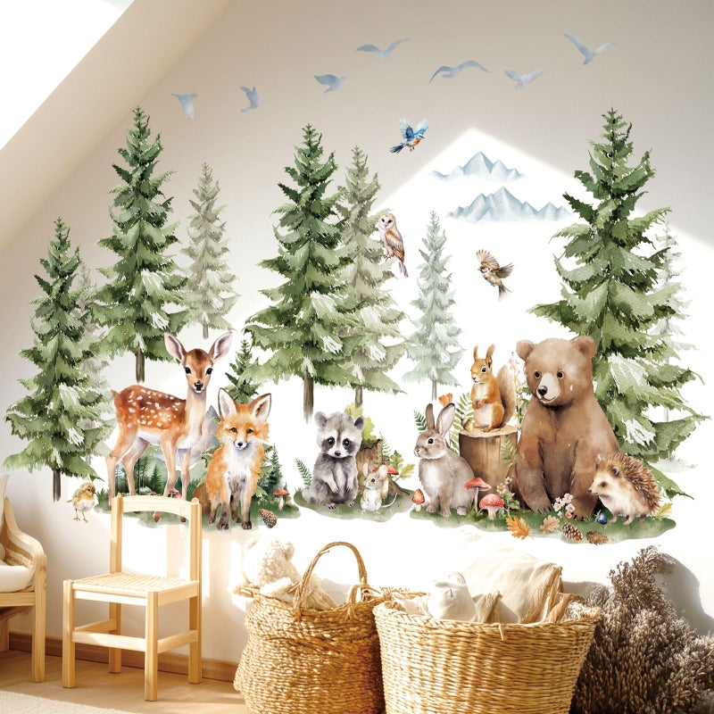 DECOWALL SG4-2422 Large Pine Trees and Forest Animals Wall Decal Stickers Mountain Bear Fox Peel and Stick Wall Art Decals for Kids Room Baby Nursery Woodland Wallpaper Living Bedroom - Image 1