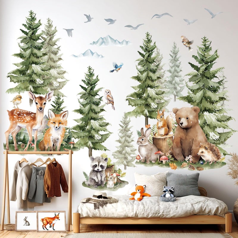 DECOWALL SG4-2422 Large Pine Trees and Forest Animals Wall Decal Stickers Mountain Bear Fox Peel and Stick Wall Art Decals for Kids Room Baby Nursery Woodland Wallpaper Living Bedroom - Image 4