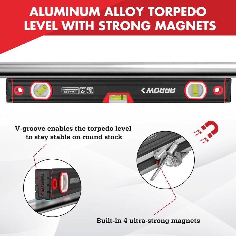 Arrow Fastener ARROW 16-Inch Level, Magnetic Torpedo Level with 45Â°/90Â°/180Â° Bubbles, Aluminum Alloy Body, Precision-Machined Base, Shockproof Rubber End Caps, V-Groove & Hanging Hole for Construction, Carpentry - Image 4