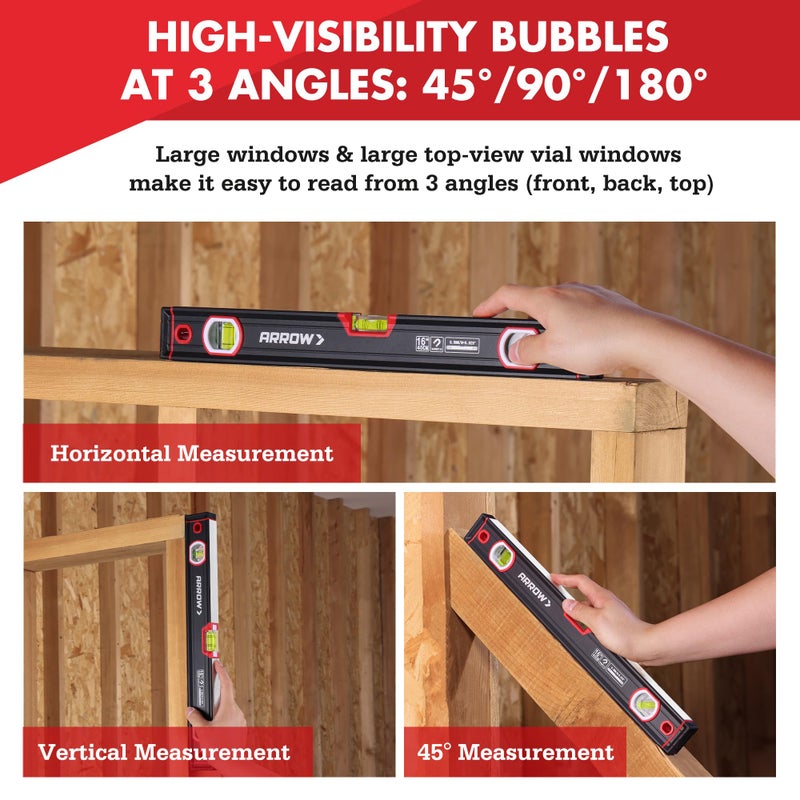 Arrow Fastener ARROW 16-Inch Level, Magnetic Torpedo Level with 45Â°/90Â°/180Â° Bubbles, Aluminum Alloy Body, Precision-Machined Base, Shockproof Rubber End Caps, V-Groove & Hanging Hole for Construction, Carpentry - Image 3