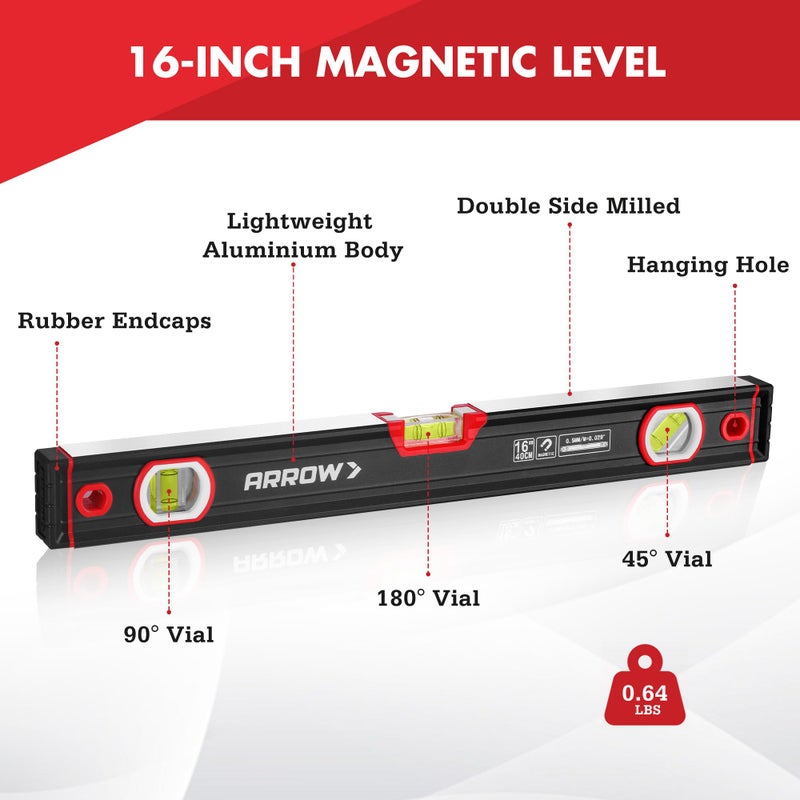 Arrow Fastener ARROW 16-Inch Level, Magnetic Torpedo Level with 45Â°/90Â°/180Â° Bubbles, Aluminum Alloy Body, Precision-Machined Base, Shockproof Rubber End Caps, V-Groove & Hanging Hole for Construction, Carpentry - Image 2
