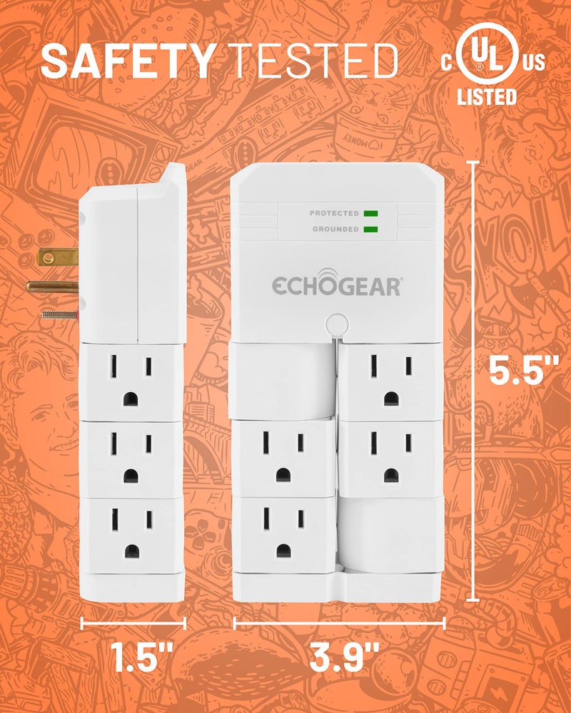 ECHOGEAR On-Wall Surge Protector with 6 Pivoting AC Outlets & 1080 Joules of Surge Protection - Low Profile Design Installs Over Existing Outlets to Protect Your Gear (White) - Image 4