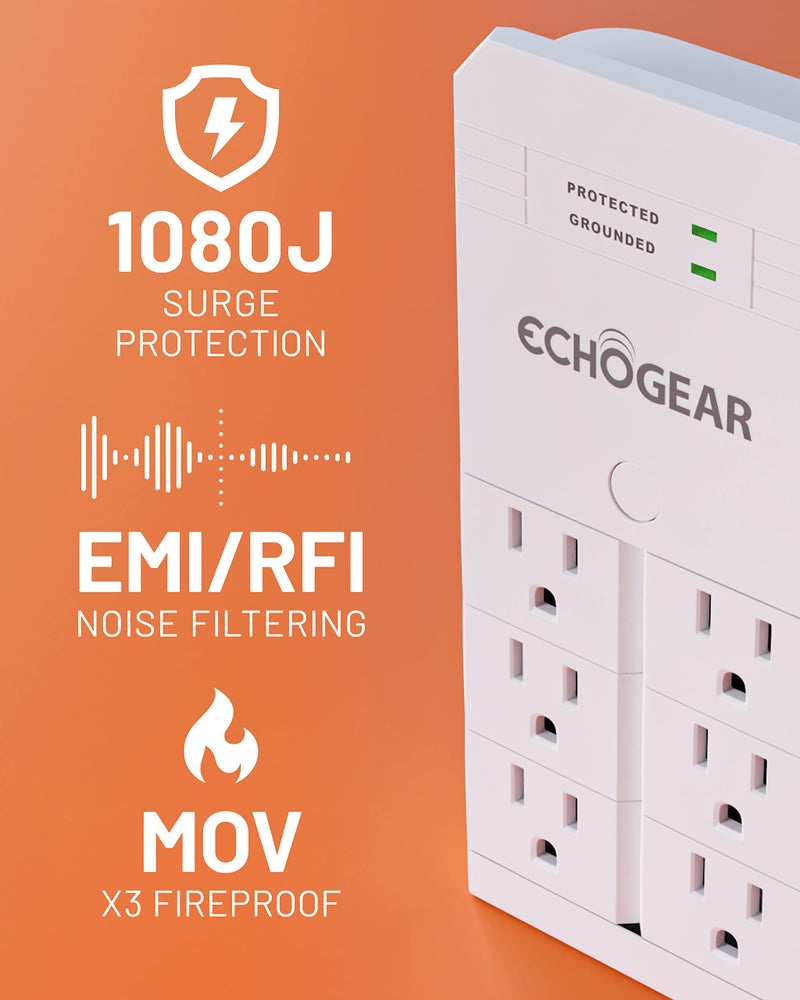 ECHOGEAR On-Wall Surge Protector with 6 Pivoting AC Outlets & 1080 Joules of Surge Protection - Low Profile Design Installs Over Existing Outlets to Protect Your Gear (White) - Image 2