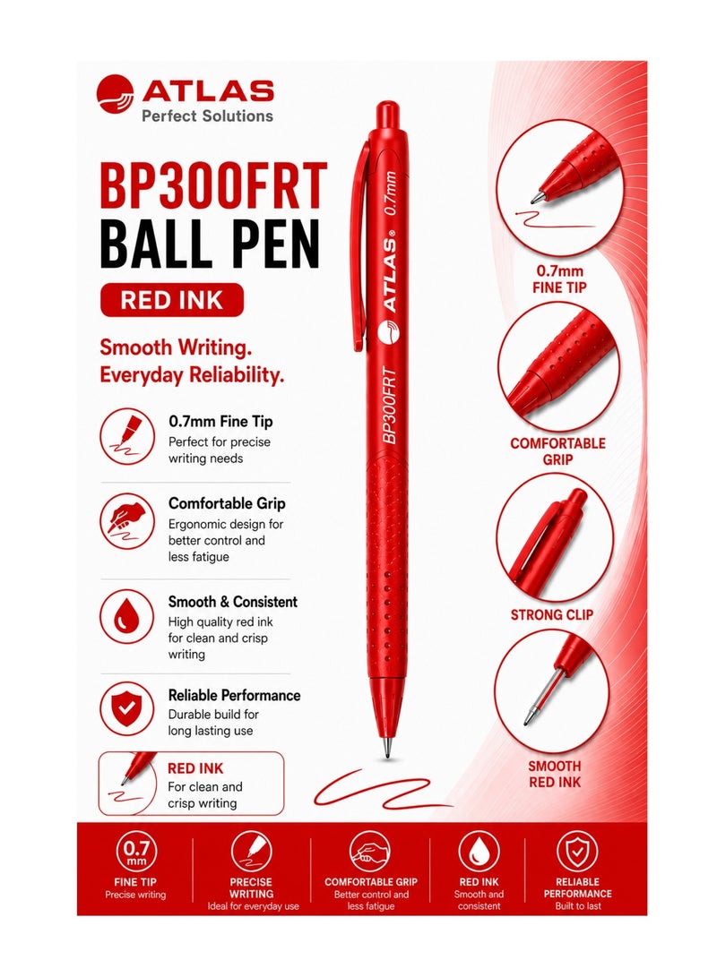 ATLAS 10-Piece Retractable Ballpoint Pen 0.7mm Fine Tip Red Ink - Image 2