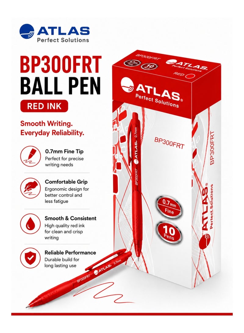 ATLAS 10-Piece Retractable Ballpoint Pen 0.7mm Fine Tip Red Ink - Image 1