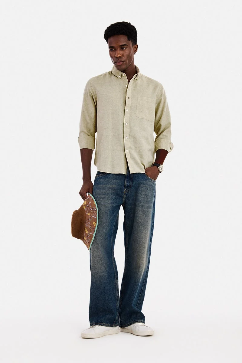 SNITCH Beige Solid Long Sleeve Regular Fit Casual Shirt