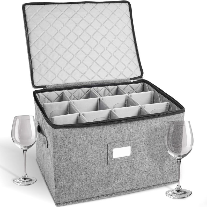 storageLAB Wine Glass Storage Containers, Hard Shell Organizer for Stemware and Glassware Sets, Stackable Wine Glass Storage Box with Dividers for Kitchen and Moving Supplies - 1 Pack, Gray - Image 1
