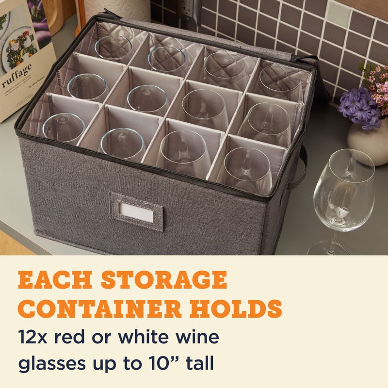 storageLAB Wine Glass Storage Containers, Hard Shell Organizer for Stemware and Glassware Sets, Stackable Wine Glass Storage Box with Dividers for Kitchen and Moving Supplies - 1 Pack, Gray - Image 3