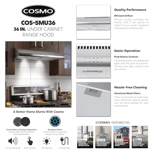 COSMO COS-5MU36 36 in. Delta Collection Ducted Under Cabinet Range Hood, Button Controls, Reusable Filters, LED Lights, Stainless Steel - Image 3